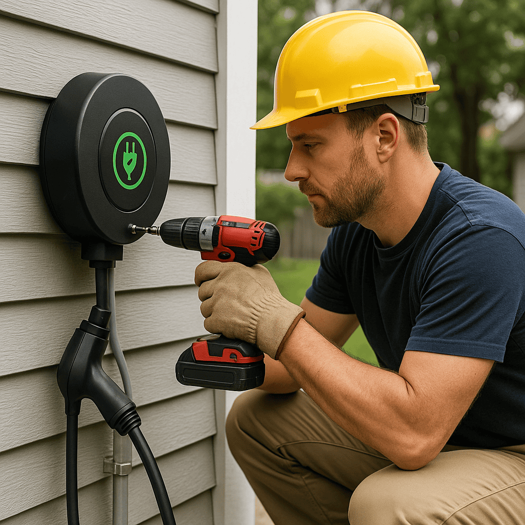 Electrician installing a green Level-2 EV wall charger in a suburban garage