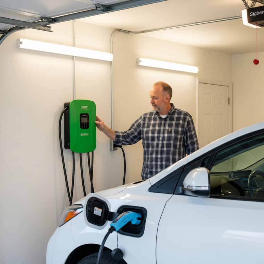 Middle-aged homeowner checks a newly mounted green Level-2 EV charger while his white electric car charges in a tidy garage.