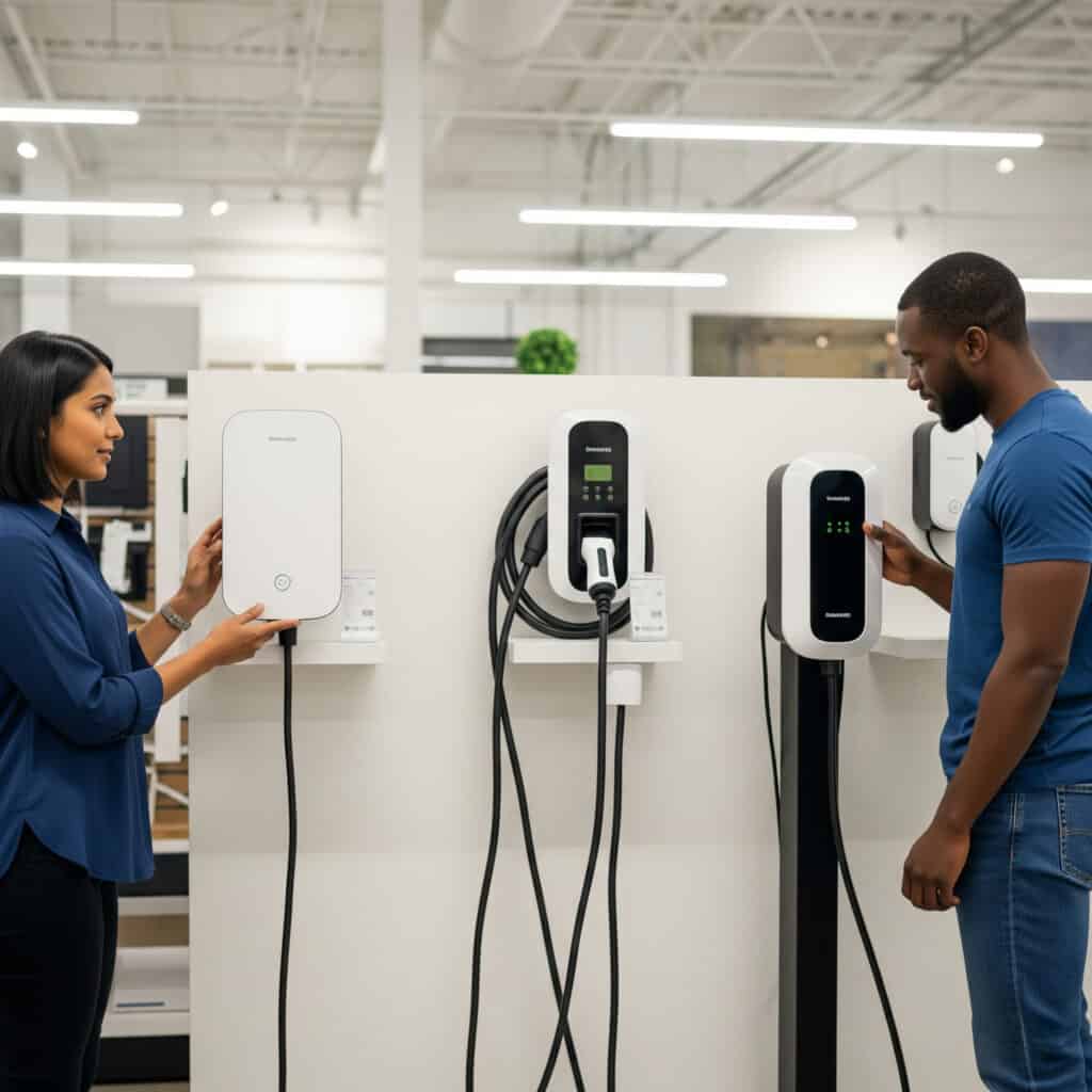 Two people standing next to an electric vehicle charging station.